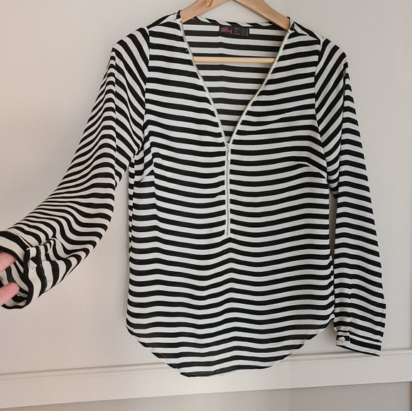 Black White Striped Top Shirt Blouse Longsleeve - Picture 4 of 4